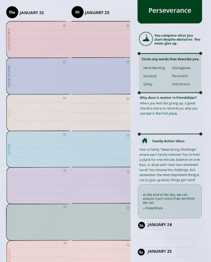 Inside look at the P2 Planner - Middle School Edition